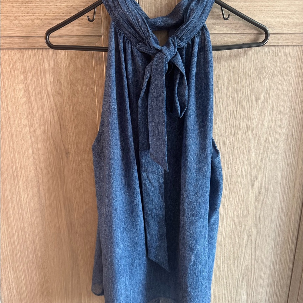 White House Black Market Denim Print Chiffon Halter Top (M) - Picture 6 of 10